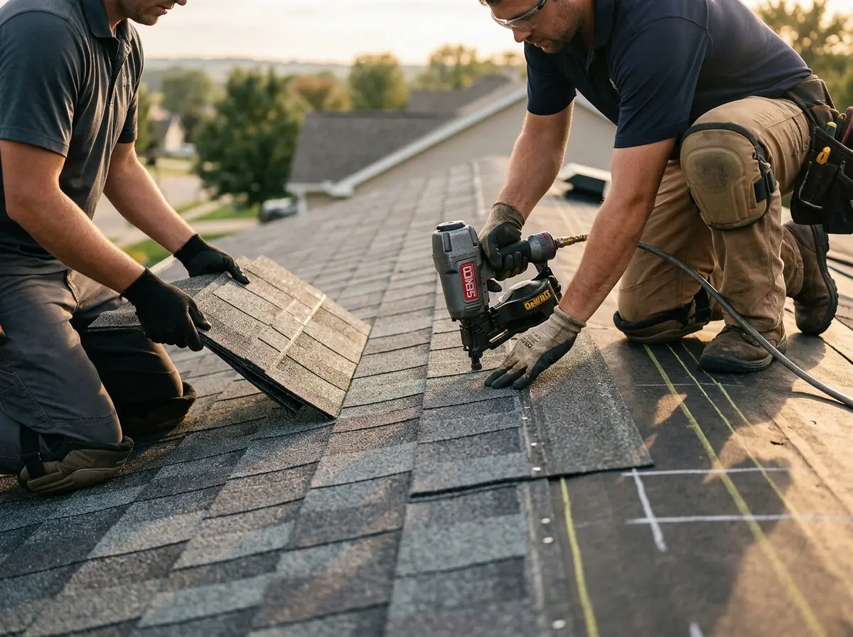 Professional roofer working on a residential roof in Fair Lakes